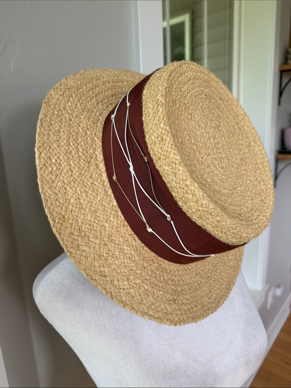Olive & Pique Straw Boater Hat Brown Beaded Grosgrain Band